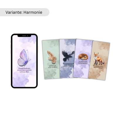 Ein Smartphone mit Schmetterlingsmotiv neben vier Karten, die verschiedene Krafttiere und Affirmationen zeigen.