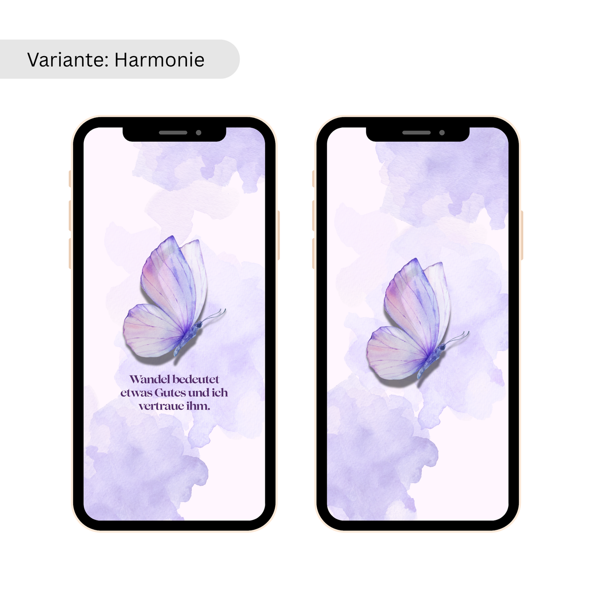 Zwei Smartphones nebeneinander zeigen denselben lilafarbenen Schmetterlings-Hintergrund, einmal mit und einmal ohne Text.