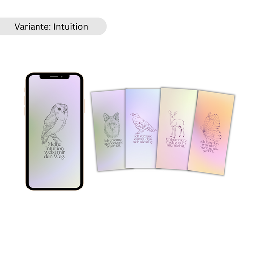 Ein Smartphone mit Eulenmotiv neben vier farbigen Karten, die gezeichnete Krafttiere mit Affirmation zeigen.