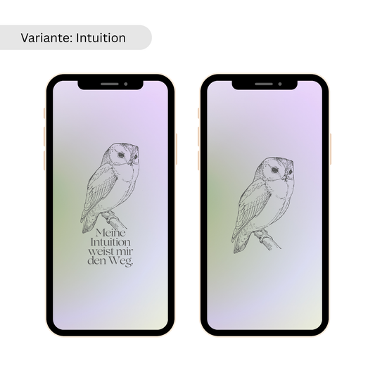 Zwei Smartphones nebeneinander zeigen eine gezeichnete Eule auf lila-grünem Verlauf, einmal mit und einmal ohne Affirmation.