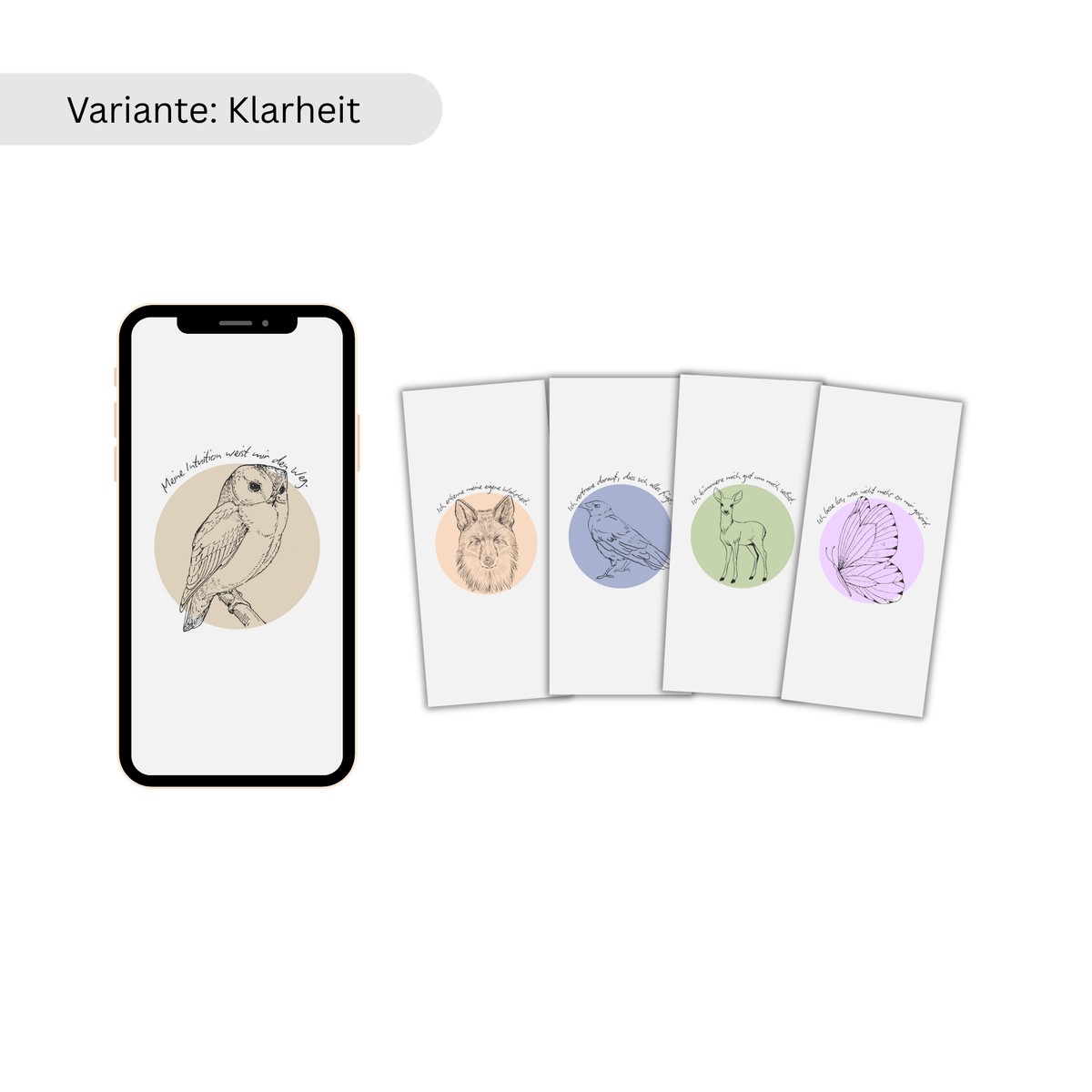 Ein Smartphone mit Eulenmotiv auf beigefarbenem Kreis steht neben vier Karten mit verschiedenen Krafttier-Motiven.