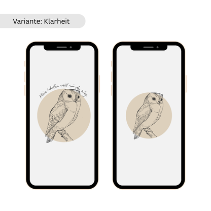 Zwei Smartphones zeigen eine gezeichnete Eule in einem beigefarbenen Kreis, links zusätzlich mit Affirmation.